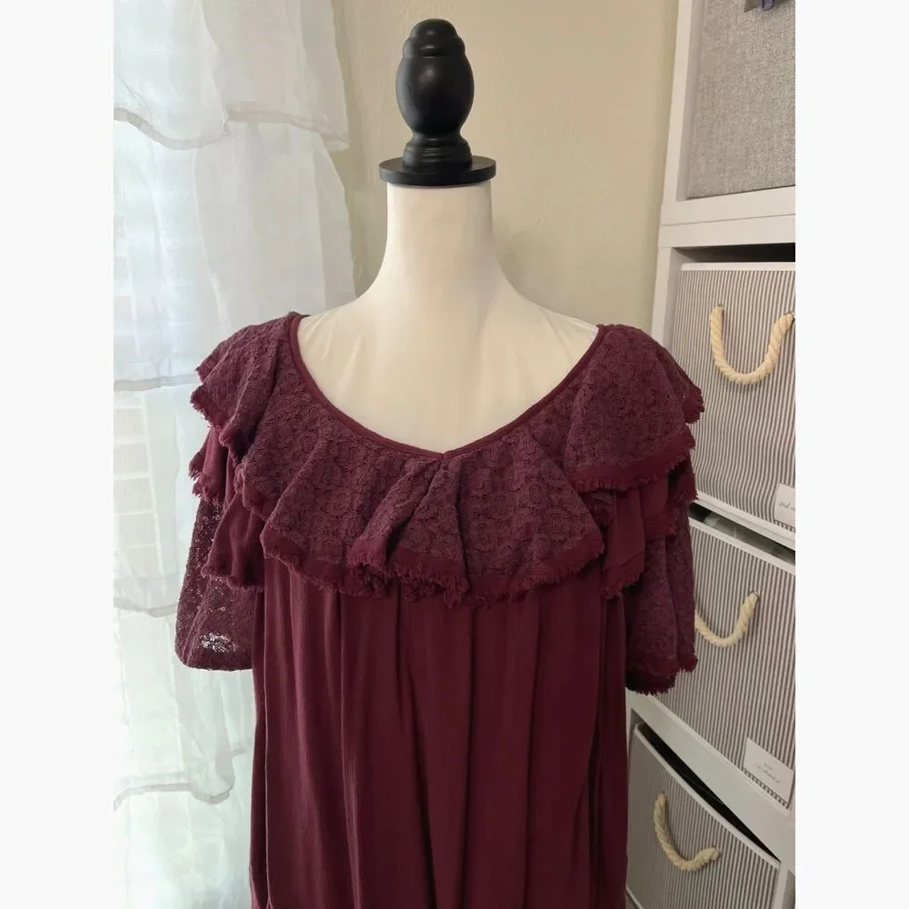 Free People Rush For Ruffles Romper Burgundy Boho Ruffle Lace Size M